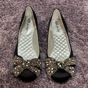 ABS Allen Schwartz Opera Ballet Flats in Black Satin with oversized Jeweled Bow